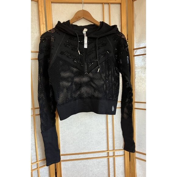 Free People Movement Black Mesh Stretchy Crop Women’s Athletic Hoodie, M/L - Picture 2 of 12